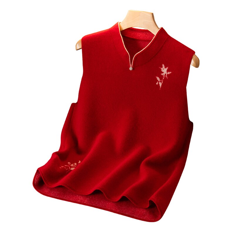 优雅复古立领提花马甲纯澳毛柔软舒适红色显瘦百搭，女装马甲，盛世绒华