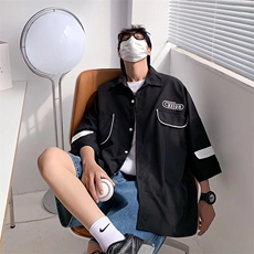 港风短袖衬衫男夏季潮牌学生痞帅气白色五分半袖SK02P32，男装衬衫，星座1116-2