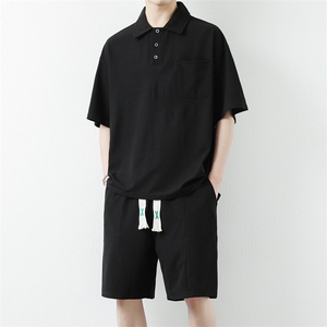 夏季新款港风翻领短袖上衣日系POLO衫休闲情侣冰丝套装男TZ11P60图片