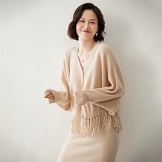 时尚流苏开衫女士35%羊绒衫显瘦百搭V领宽松毛衣外套，女装羊绒衫，迎冬羊绒