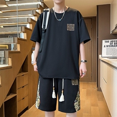 刺绣夏季休闲运动套装男T恤短裤两件套拼接青年A266-TZ7758-P48，男装牛仔裤，电商A266