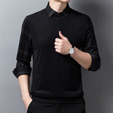 高端长袖t恤男春秋季假两件翻领卫衣中年男士秋装外穿时尚潮，男装卫衣，电商B212（原钱塘6029）
