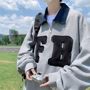 男卫衣华夫格套头卫衣POLO领秋季原宿慵懒ins潮男宽松Y8504P38图片