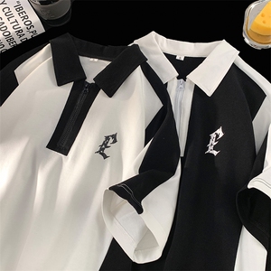 中性平铺Polo领立体印花T恤拉链短袖五分半袖夏季打底衫XT03-P50图片