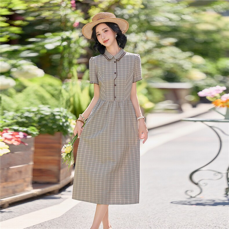 学院风格纹连衣裙女春夏收腰显瘦中长裙格子裙子,女装连衣裙,水衣源