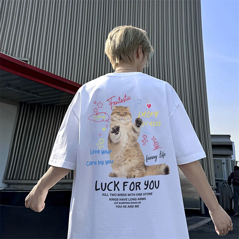 重磅纯棉三本针短袖T恤男夏季潮牌猫咪印花宽松大码情侣半袖体恤,男装T恤,电商B219B