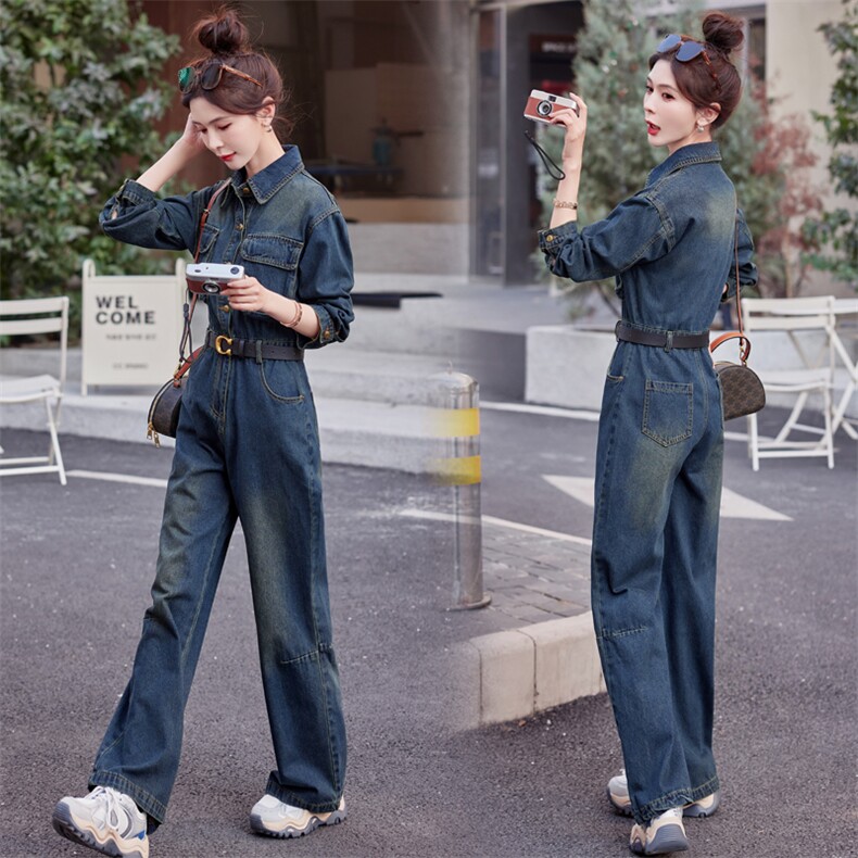 （现货）2026年春秋新时尚高腰潮流复古色工装牛仔阔腿连体裤，女装连体裤，印象茜
