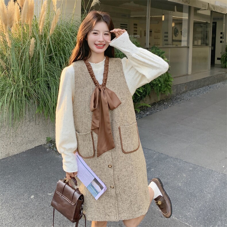 法式小香风连衣裙打底衫两件套女2025冬季新款韩版超好看显瘦套装,女装套装/套裙,2C117