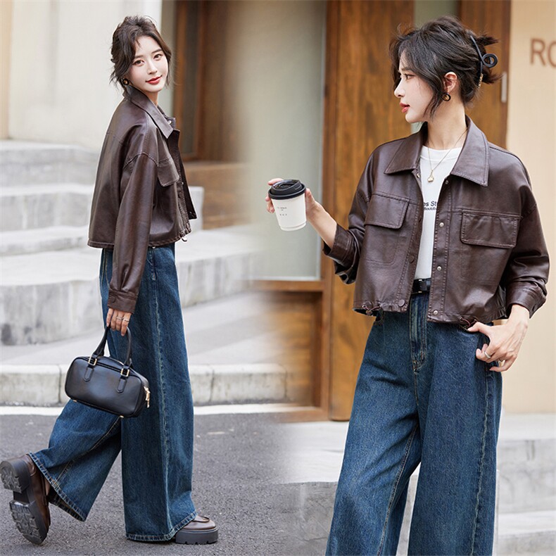 短款皮衣外套女2024秋季新款宽松休闲美式复古美拉德机车夹克上衣，女装皮衣，江南女神