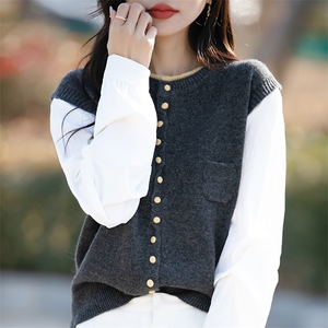 设计感撞色拼接假两件针织开衫女马甲毛衣2025春季衬衫袖坎肩上衣图片