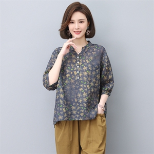 苎麻上衣女夏季2024年新款大码宽松中年妈妈薄款中袖印花休闲衬衫图片