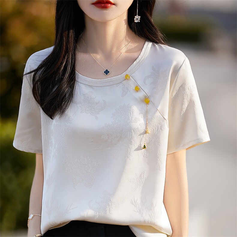 新中式国风短袖T恤女2025夏季圆领缎面提花衬衫上衣气质显瘦t恤衫,女装T恤,佳绒高端店
