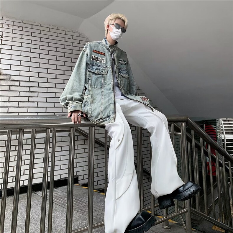 美式复古水洗牛仔外套男春秋2024潮牌宽松休闲刺绣立领机车服,男装工装外套,星座410-6（原星座1304-1）