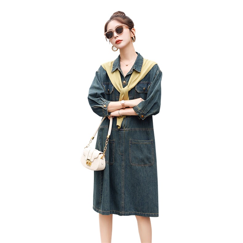 春季新款牛仔连衣裙女宽松显瘦长袖A字裙时尚百搭气质淑女风,女装连衣裙,秋水欣儿