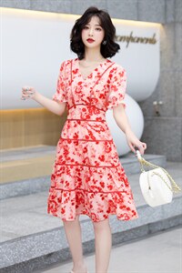 雪纺碎花连衣裙女2023夏仙女印花V领收腰不规则鱼尾裙连衣裙4881图片