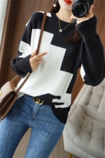 时尚撞色圆领宽松毛衣显瘦百搭针织衫舒适保暖女款上衣，女装针织衫/毛衣，暖姿羊绒