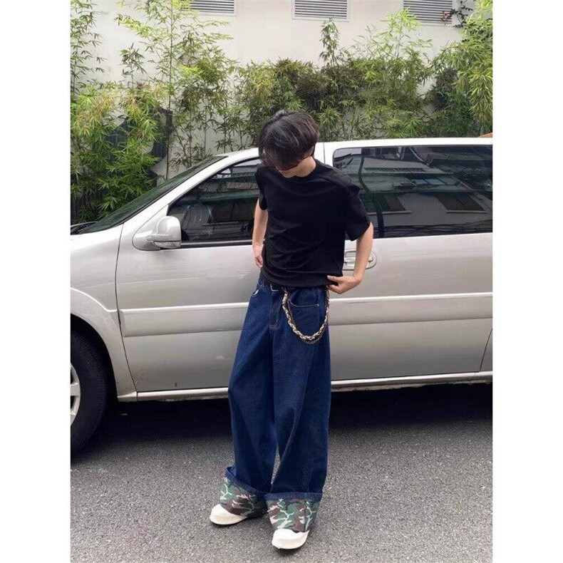 迷彩翻边阔腿牛仔裤男春秋美式复古宽松计感牛仔裤子GT84-p48,男装牛仔裤,星座1001-1