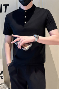 店主风社会小伙男士纯色立领POLO衫男修身T恤301A-1/PL102/P55图片