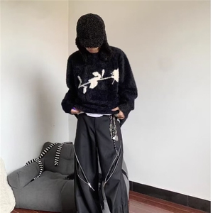 美式情侣慵懒风毛衣男街头暗黑系玫瑰花仿水貂上衣秋冬WLD500-P49图片