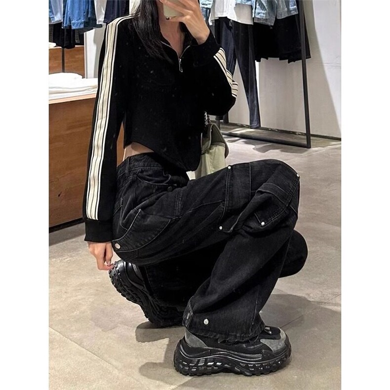 黑灰色宽松复古直筒牛仔裤女休闲女装显瘦美式高腰裤小个子秋阔腿,男装牛仔裤,星座506A