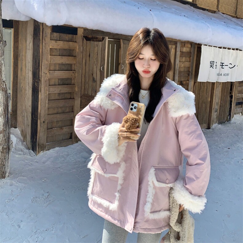 粉色连帽羊羔毛内胆派克服女2C052-2021-P235-K338,女装派克服,2C052