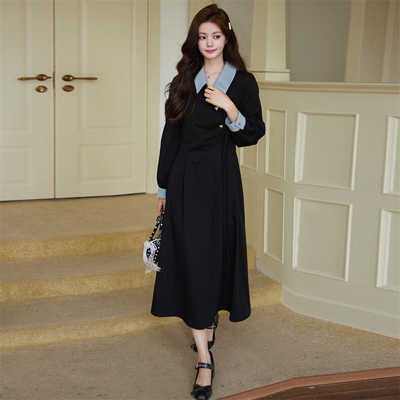 2025秋季新款赫本风黑色拼接气质连衣裙女设计感收腰显瘦长袖裙子，女装连衣裙，艾米莉亚