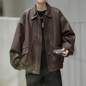 机车服皮衣外套男秋季新款美式复古夹克宽松长袖上衣 W7779-P68图片