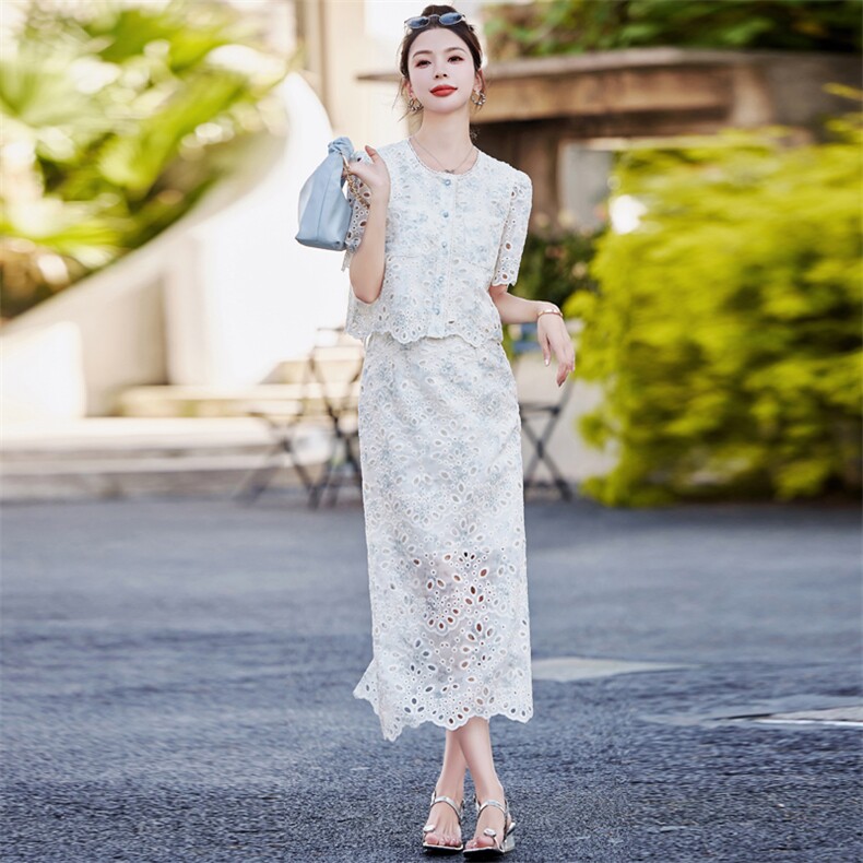 短袖2024年夏季纽扣气质修身靓丽女装蕾丝两件套套裙长裙,女装套装/套裙,微微衣阁