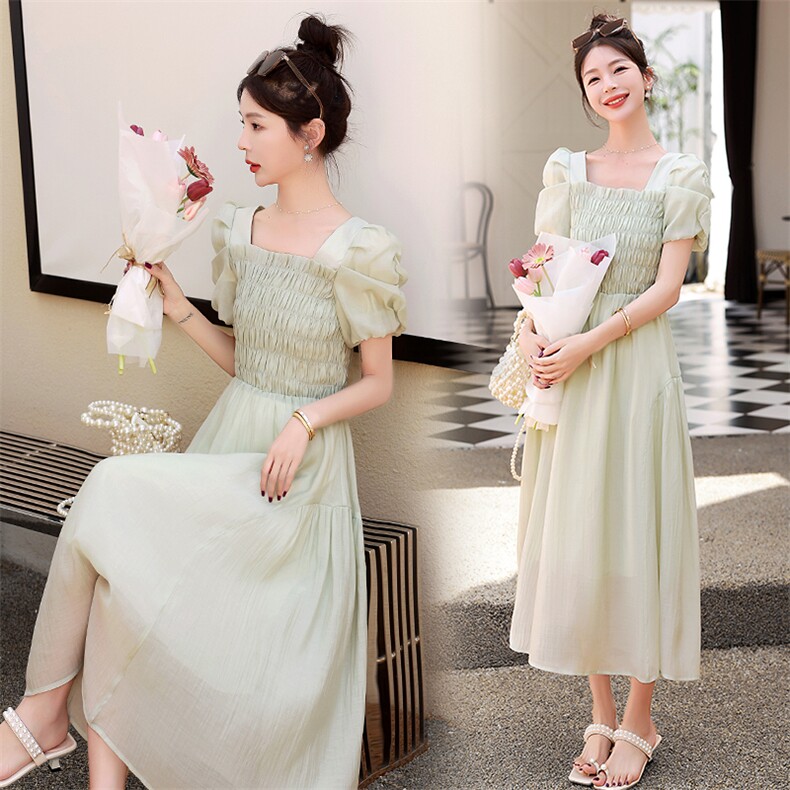 现货天丝连衣裙女2025新款夏季薄款泡泡袖法式气质收腰连衣裙，女装连衣裙，丽美静依