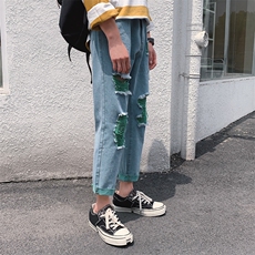19夏装绿色破洞休闲牛仔裤chic韩版潮流九分裤N/，男装牛仔裤，电商D202