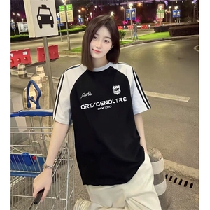抖音得物品质二开240克宽松纯棉美式潮牌插肩三杠织带短袖T恤图片
