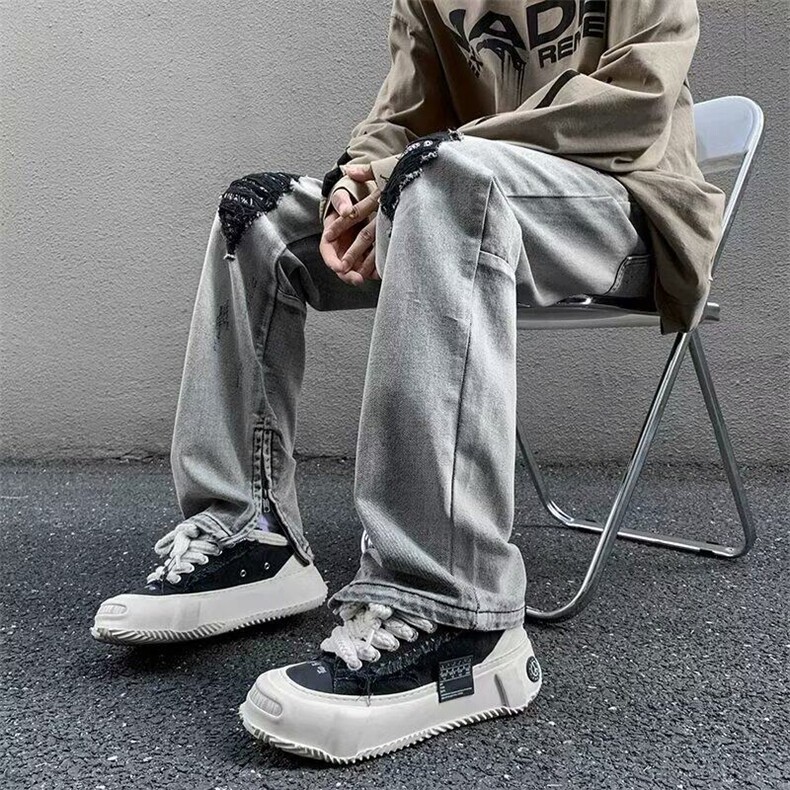 欧美风破洞补丁牛仔裤男裤脚拉链设计感小众宽松直筒裤子,男装牛仔裤,星座506A