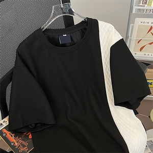 华夫格短袖t恤男夏季设计感不对称拼接撞色体恤美式复古小众半袖图片