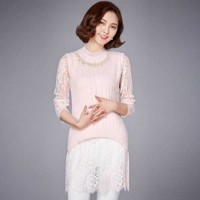 优雅蕾丝拼接针织背心女长袖上衣显瘦气质百搭打底衫,女装套装/套裙,安之芮娜