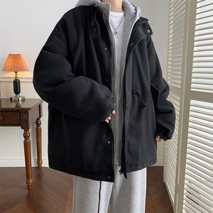 冬季ins港风连帽呢大衣假两件潮牌棉服加厚毛呢外套男 W6510-P75图片