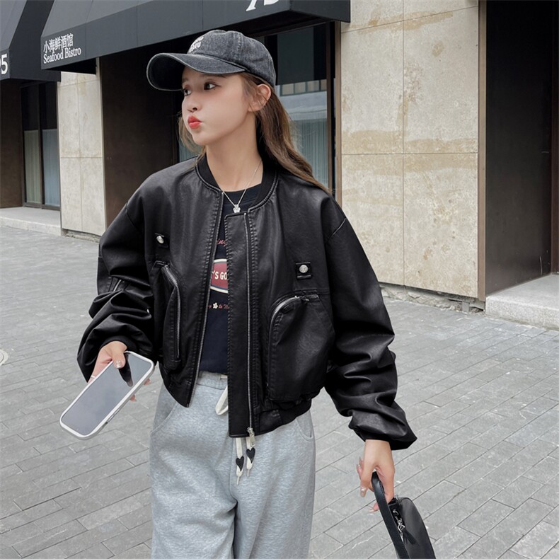 独特超好看军绿色棒球服皮衣短外套女春秋美式复古酷飒飞行员夹克,女装皮衣,帛香坊