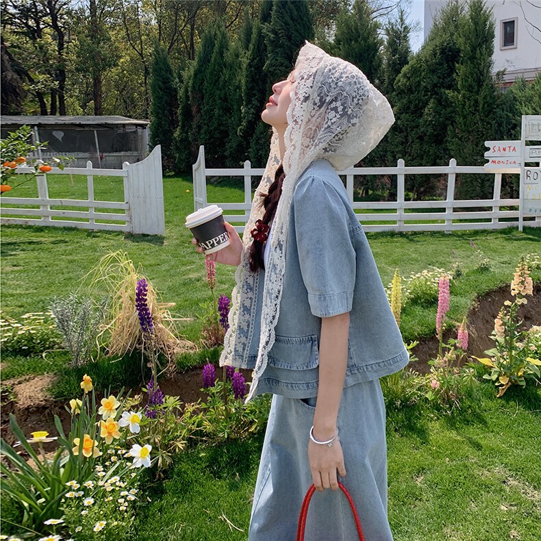 超火度假风穿搭蕾丝连帽花边牛仔上衣配半身裙女夏2025新款两件套,女装套装/套裙,2C133