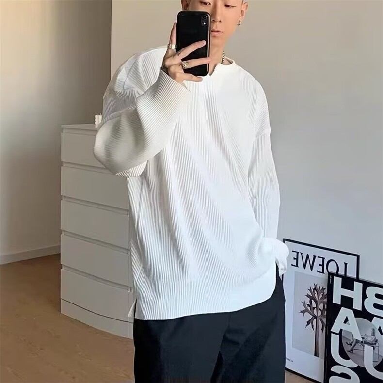 特大码褶皱坑条t恤男女设计感V领宽松长袖cityboy亨利领体恤300斤,男装T恤,星座506A
