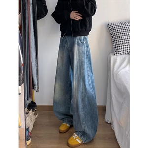 弯刀裤男美式高街复古宽松休闲裤小众廓形水洗解构牛仔裤子图片