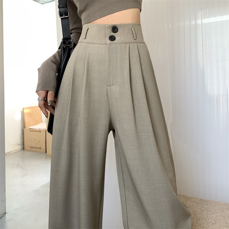 阔腿裤女春秋高腰显瘦垂感梨形身材裤子直筒拖地裤双扣休闲西装裤，女装休闲裤，梦白服饰厂