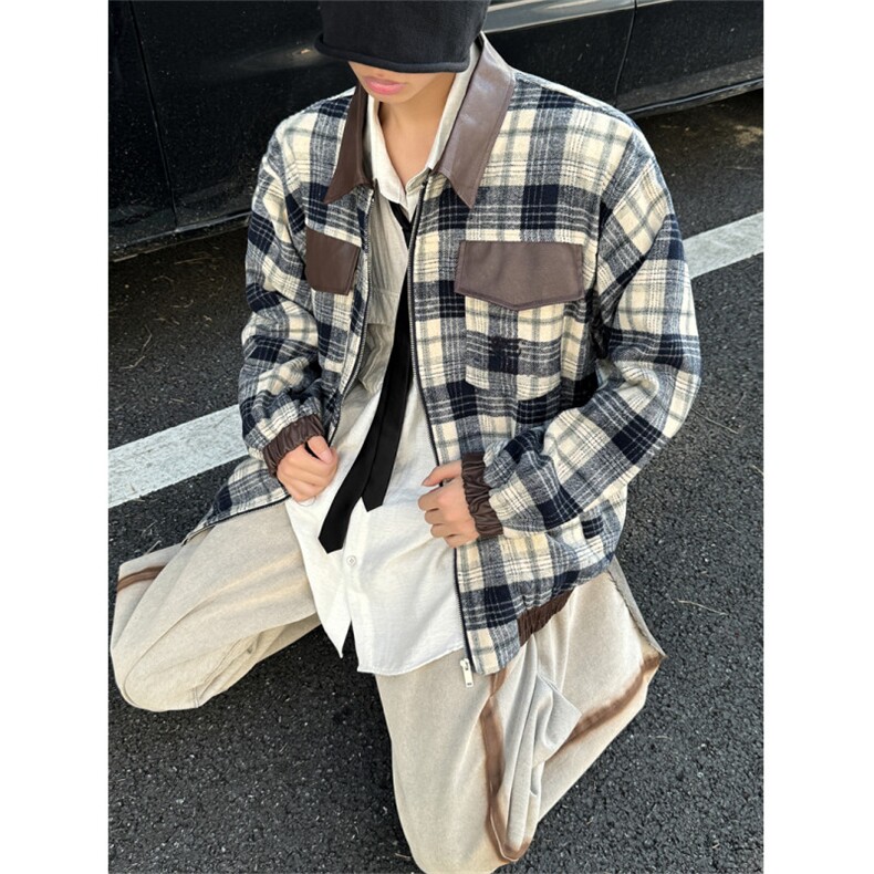 XZ1005-1-TTH0066--P88-格子PU皮拼接外套夹克,男装夹克,星座1005-1