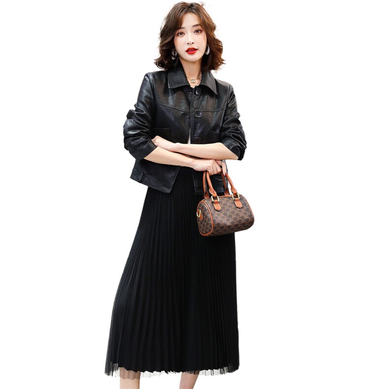 现货2023春季新款时尚气质显瘦潮流衬衫领皮衣外套女，女装套装/套裙，潮流依族
