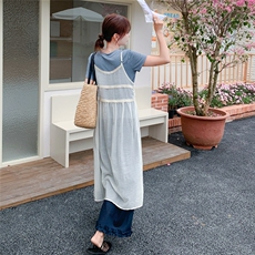 韩系氛围感蕾丝吊带连衣裙套装女2025夏新款清纯T恤阔腿裤三件套，女装套装/套裙，秋水欣儿