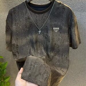 夏季新款轻奢高品质男士满天星短袖T恤潮流亮片渐变破洞圆领上衣图片