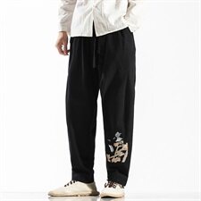 春季风休闲裤男棉麻大码宽松长裤中式复古刺绣QT6005，男装休闲裤，星座1112-5（原712-5）