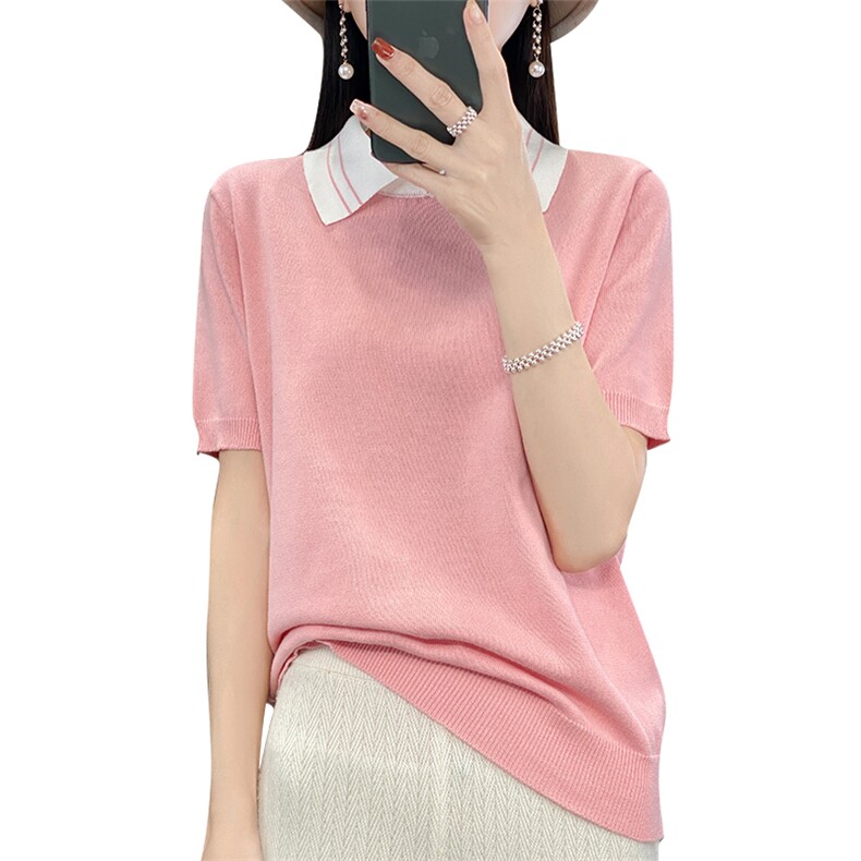 棉麻针织短袖t恤女2025新款Polo翻领休闲高端纯棉薄上衣漂亮小衫,针织衫/毛衣,郡淞羊绒