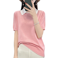 棉麻针织短袖t恤女2025新款Polo翻领休闲高端纯棉薄上衣漂亮小衫，女装针织衫/毛衣，郡淞羊绒