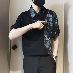 男士短袖Polo衫夏季潮牌痞帅翻领拼接t恤2025新款新中式风上衣图片