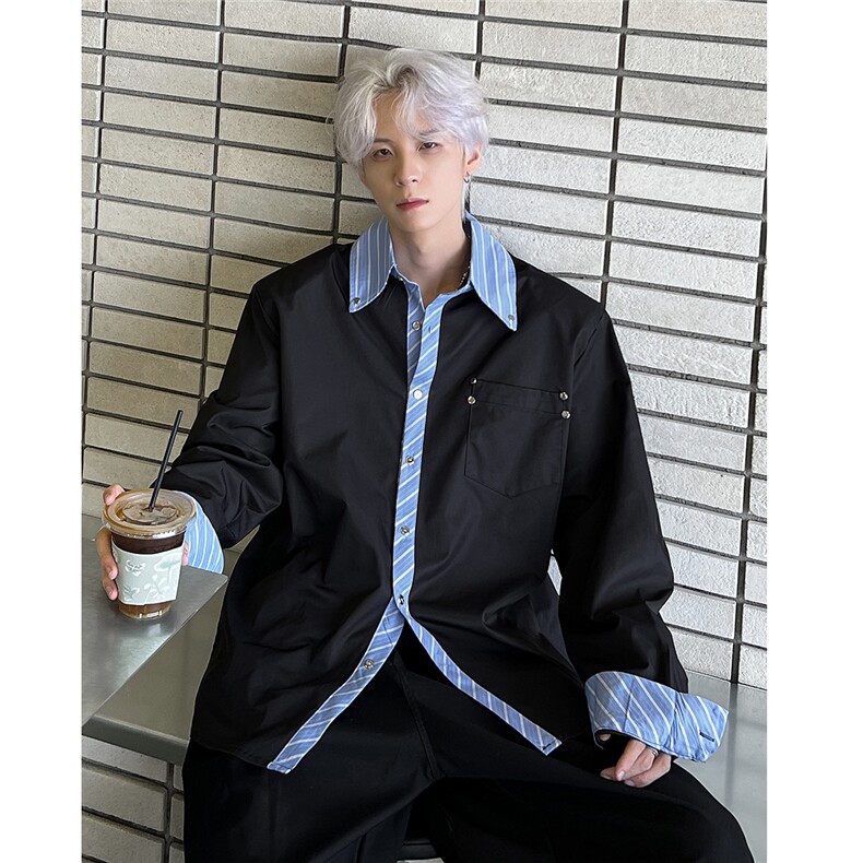 小众解构条纹假两件衬衫男秋冬季长袖上衣手工铆钉CS91-P58,男装衬衫,电商C307
