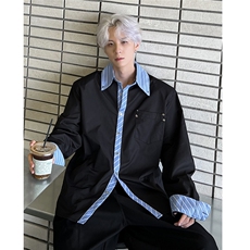 小众解构条纹假两件衬衫男秋冬季长袖上衣手工铆钉CS91-P58，男装衬衫，电商C307